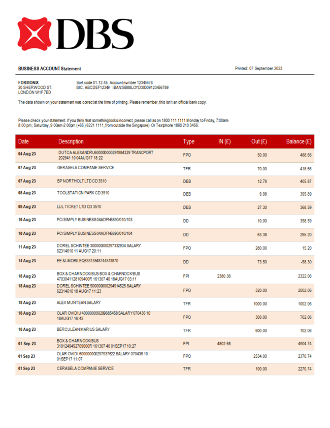 Modèle Word et PDF de relevé de compte courant de l'organisation DBS Bank